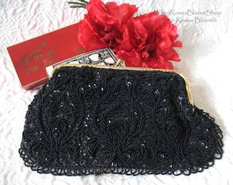 Black Beaded Purse Evening Purse Vintage Mid Century Retro Classic  Glamour Dance Cocktail Party Steampunk WhenRosesBloom