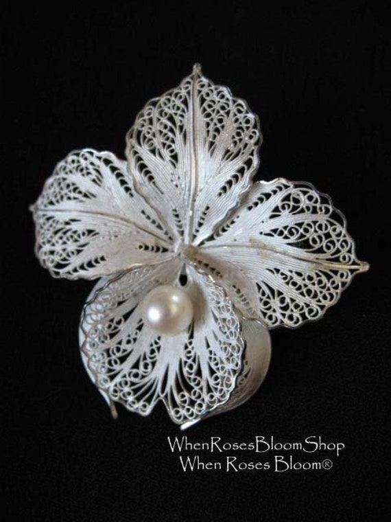 Vintage Floral Pin Brooch Silver Pearl Mid Century