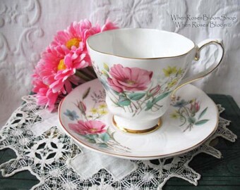 Tea Cup Pink Blue Flower English Bone China Vintage Retro Tea Gift Dainty Mid Century Cottage Farmhouse Shabby Chic WhenRosesBloom