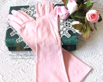 Vintage Pink Gloves Brushed Polyester Nylon Forearm length Size 7 Velvety Tea Party Dance  Mid Century Audrey Hepburn Style  WhenRosesBloom
