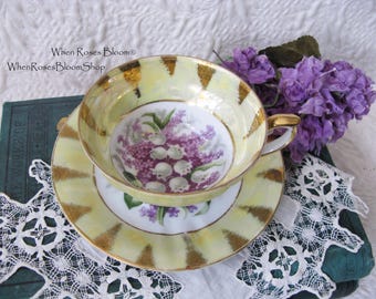 Tea Cup Footed Yellow Gold Lilacs Lily Valley Decoration Japan Retro Vintage Tea Time Gift Romantic Shabby Chic Cottage Tea WhenRosesBloom