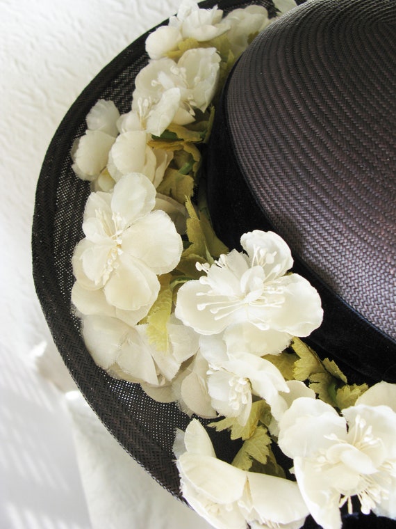 Vintage Blue Straw Hat Classic  Flowers Garden Te… - image 6