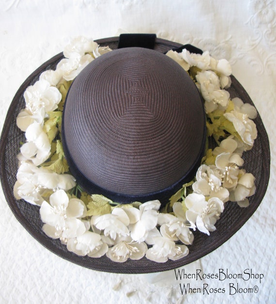 Vintage Blue Straw Hat Classic  Flowers Garden Te… - image 3