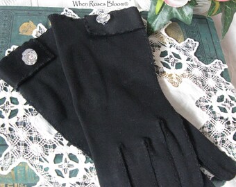 Black Gloves Vintage Size 6.5 Retro Mid Century Tea Dance Wedding Downton Miss Fisher Steampunk Cosplay Glove Free Ship  US When Roses Bloom