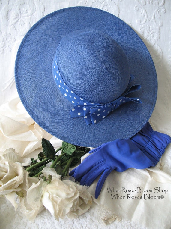 Vintage Blue Straw Hat Classic Romantic Tailored … - image 1