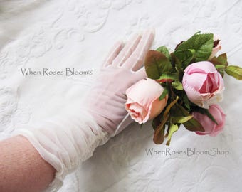 Vintage Gloves Sheer White Fabric gathered Forearm Length Retro Cosplay Wedding Tea Party Dance Downton Mid Century Glamour When Roses Bloom