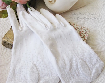 White Gloves Short Beaded Size 7 Elegant Vintage Tea Party Dance Wedding Bride 1st Communion Flower Girl Bridesmaid  WhenRosesBloom
