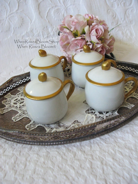 Pots De Creme Set 4 White Gold Vintage Fitz Floyd Cup W Lid Etsy