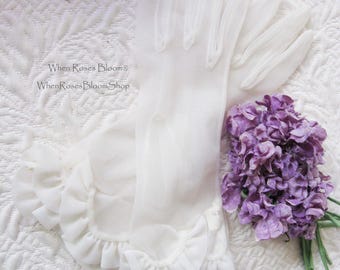 Vintage Gloves Sheer White Fabric Size 6 Hansen Ruffles Retro Wedding Mid Century Glamour Tea Party Dance When Roses Bloom