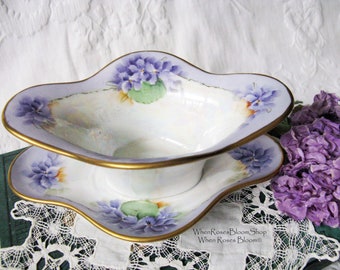 Vintage Violet China Sauce Gravy Jam Dish with Plate Hand Painted 1900's Edwardian Victorian Downton Cottage Shabby Chic WhenRosesBloom