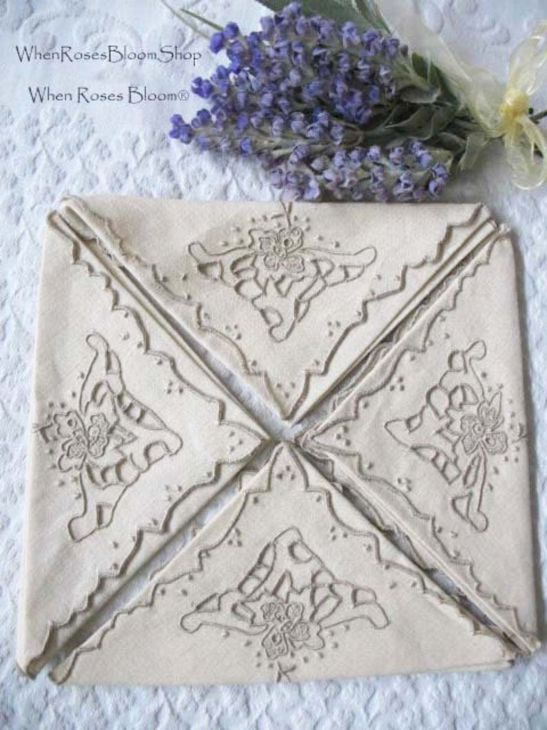 Vintage Madeira Napkins Set/4 Cutwork Embroidery Heirloom Linens NOS new old stock elegant tea napkins Shabby Chic Cottage When Roses Bloom image 5