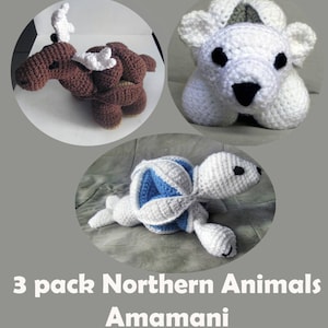 Super Cute 3 Pack Northern Animals Amamani Polar Bear, Moose and Baby Seal Amigurumi, Crochet Puzzle Ball Completely Baby Safe. 7 in image 1