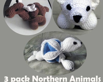 Super Cute 3  Pack Northern Animals Amamani (Polar Bear, Moose and Baby Seal  (Amigurumi, Crochet Puzzle Ball)  Completely Baby Safe. 7 in