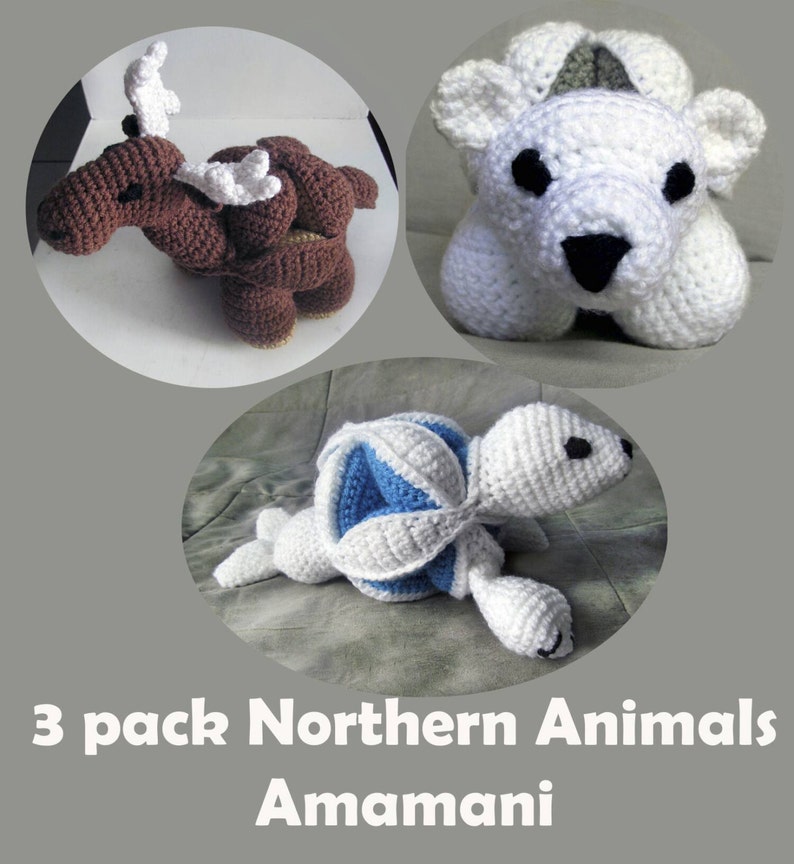 Super Cute 3 Pack Northern Animals Amamani Polar Bear, Moose and Baby Seal Amigurumi, Crochet Puzzle Ball Completely Baby Safe. 7 in image 1