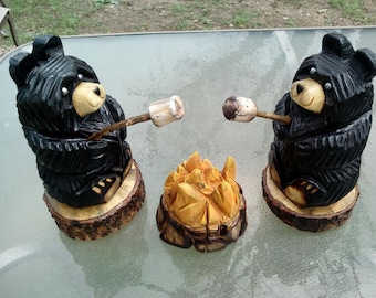 Campfire Chainsaw Carved Bears Roasting Marshmallows