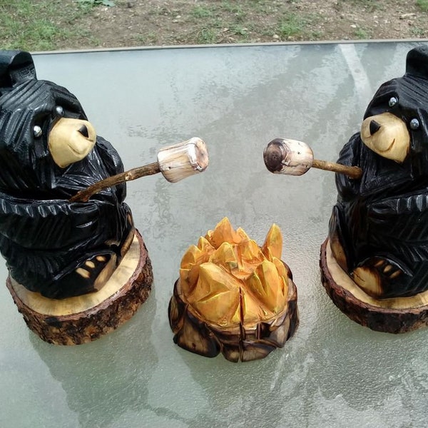 Campfire Chainsaw Carved Bears Roasting Marshmallows