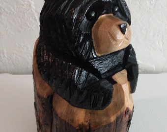 Bear in a log 9" chainsaw carved bear wood carving sculpture log bear home gift