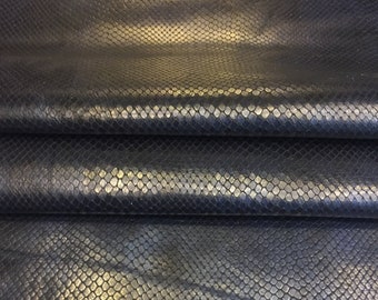 Dark Blue Genuine Leather, Snakeskin Embossed Lambskin, Craft Supply, DIY Home Decor Fabric, Soft Upholstery Material, Bookbinding Cover 403