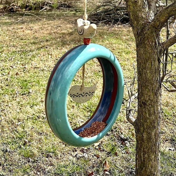 Ceramic Circular Bird Feeder Handmade Wheel Thrown Yard Home Rustic Decor Turquoise and Brown Glaze with Driftwood and Ceramic Bird Accent