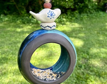 Ceramic Circular Bird Feeder Handmade Wheel Thrown Yard Home Rustic Decor Turquoise and Blue Glaze with Wood and Ceramic Baubles Bird Accent