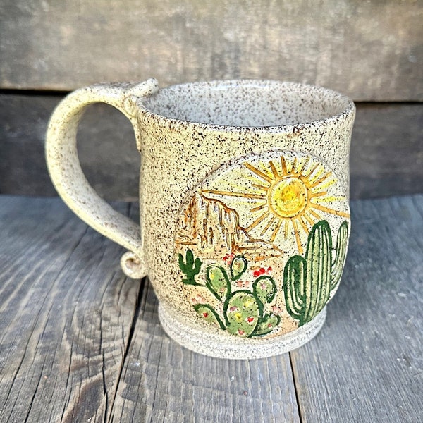 Large Wheel Thrown Hand Painted Clear Glazed Brown Speckled Stoneware Mug Stein Cup Rustic Design 20 oz Desert Cactus Scene Impression
