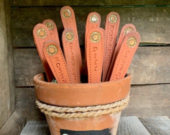 One Ceramic Handmade Red Clay Stoneware  Herb Marker for Garden or Pots Hand Stamped with Flower Impression  Maple Leaf