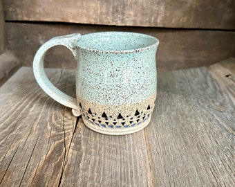 Turquoise Wheel Thrown Cup Rustic Brown Speckled Stoneware Coffee Mug Tea Cup 15 oz Black Blue Imprinted Design Stamped Curly Handle
