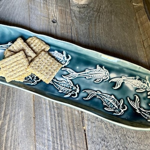 Large Ocean Blue Platter Raised Swimming Koi Fish Impressions Handmade Serving Dish Long Platter Perfect for Chips or Cheese Platter Plate