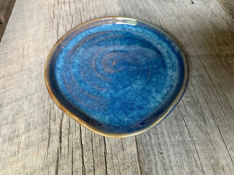 Ceramic Wheel Thrown Spoon Rest Handmade Pottery with Layering of Blue Glazes Swirl Center Perfect Utensil Dish