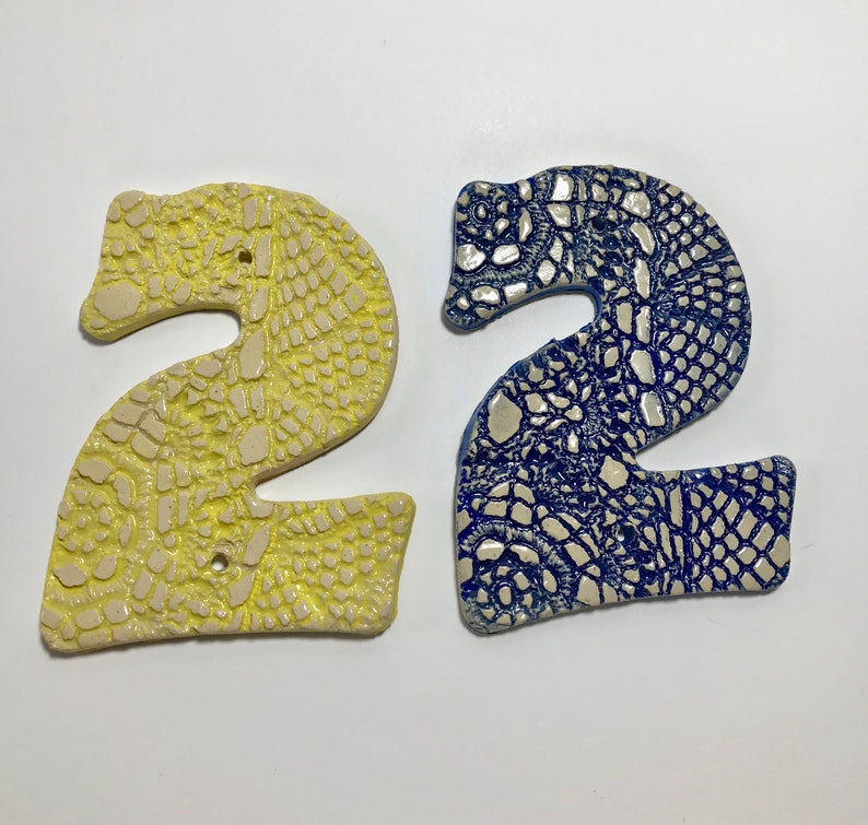 Handmade Ceramic House Address Numbers Two Doily Impression Stoneware Tiles with Nail Holes in Various Glaze Colors Maple Leaf Ceramics