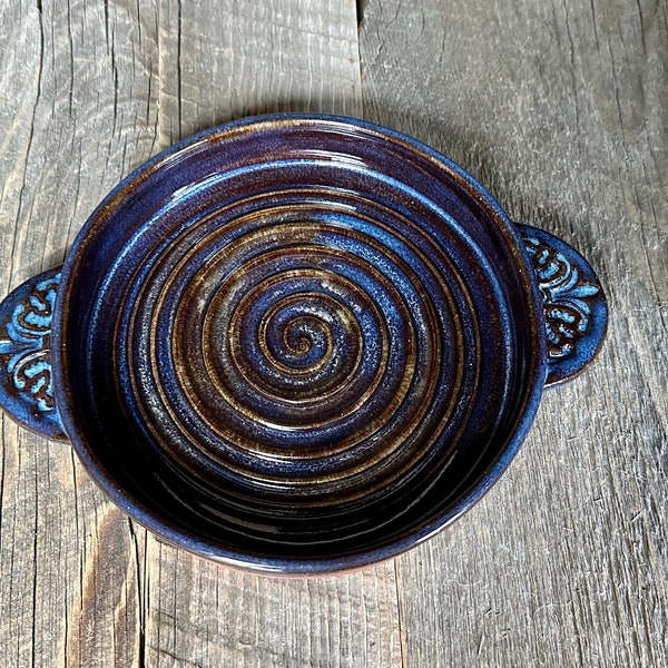 Rustic Terra Cotta Ceramic Brie Baker Handmade Wheel Thrown Small Baking Casserole Dish Blue Glaze with Handles Glaze Maple Leaf Ceramics