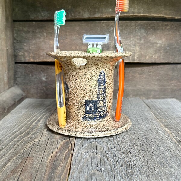 Handmade Ceramic Toothbrush Holder with Blue Nautical Lighthouse Ocean Accents Four Holes Razor Holder Bathroom Organizer Speckled Stoneware