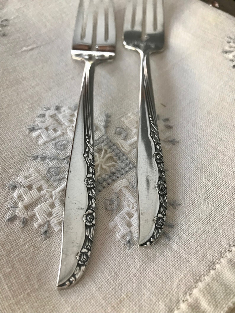 Vintage WM A Rogers AA Britney Rose Oneida Ltd 1948 Silverplate Antique Wedding Anniversary Forks Handstamped I Do Me Too