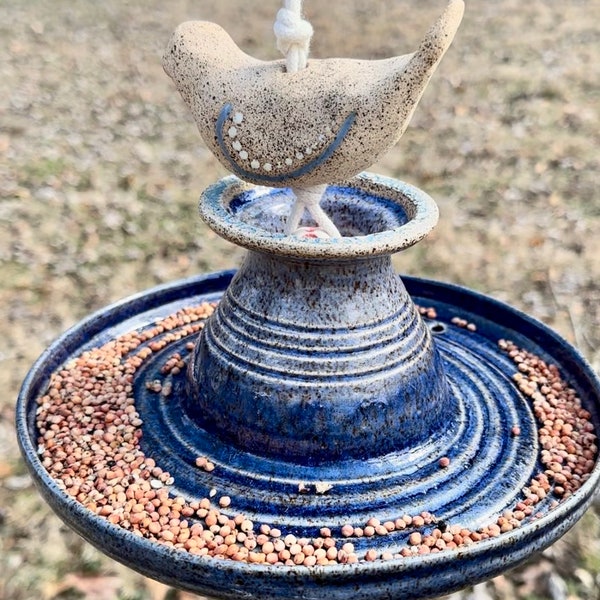 Ceramic Free Hanging Bird Feeder Handmade Wheel Thrown Pottery Yard Art Home Rustic Decor Layered Blue Swirls Holes for Drainage Rope Beads