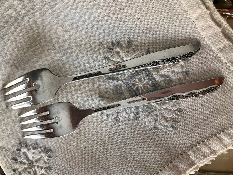 Vintage WM A Rogers AA Britney Rose Oneida Ltd 1948 Silverplate Antique Wedding Anniversary Forks Handstamped I Do Me Too