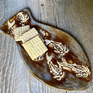 Swimming Koi Fish Impression Design in Dark Blue Brown on Fish Shaped Serving Platter Perfect for Chips or Cheese Plate Handmade Ceramics