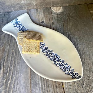 Blue Ocean Wave Impression Design with White Stoneware Background on Fish Shaped Platter Perfect for Chips or Cheese Plate Handmade Ceramics
