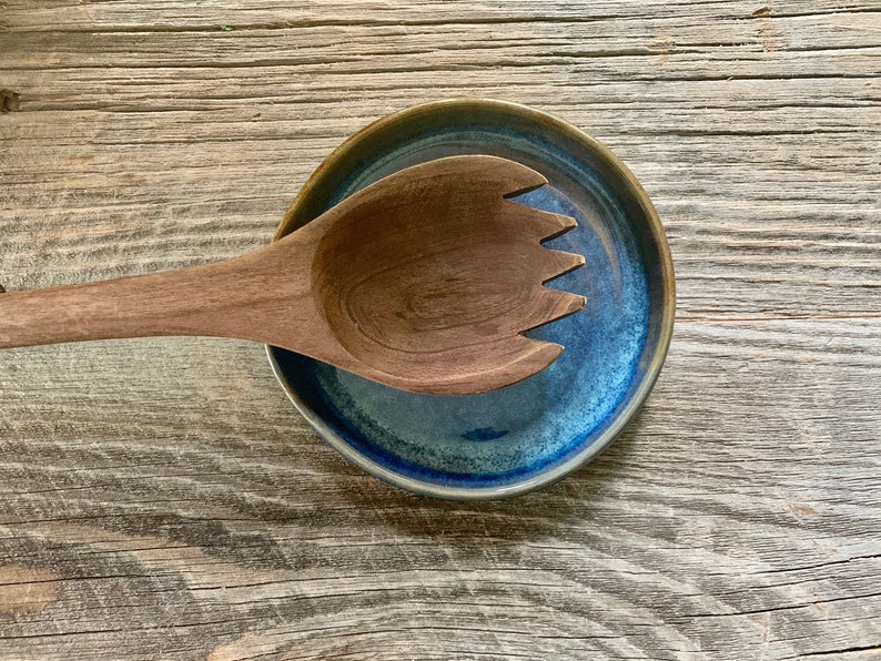 Ceramic Wheel Thrown Spoon Rest Handmade Pottery with Layering of Blue Glazes Swirl Center Perfect Utensil Dish