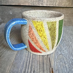Colorful Hand Painted Geometric Rainbow Design Handmade Wheel Thrown Ceramic Pottery Mug Speckled Stoneware Coffee Cup 16 oz.