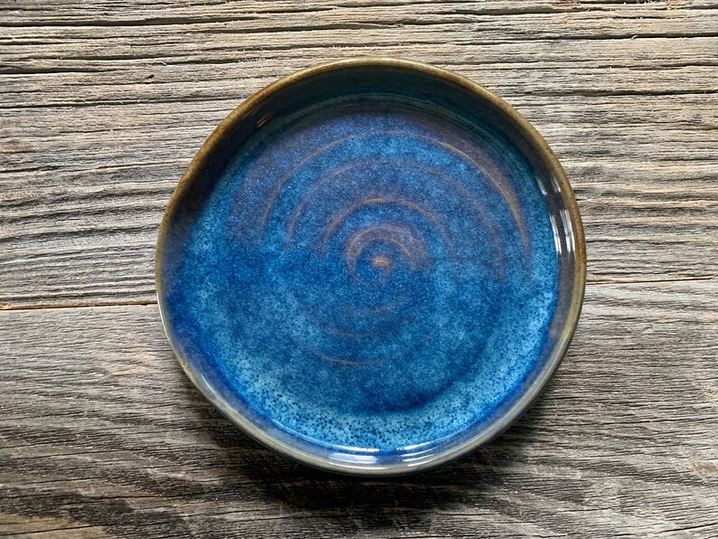 Ceramic Wheel Thrown Spoon Rest Handmade Pottery with Layering of Blue Glazes Swirl Center Perfect Utensil Dish