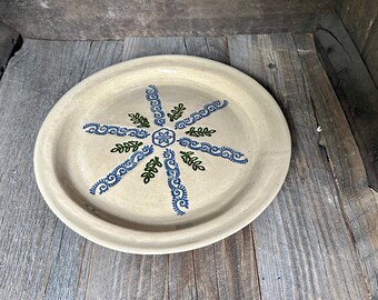Round Nine Inch Plate Platter Handmade Ceramic Serving Dish Imprinted Hand Painted Design Blue and Green Floral Detail Natural Background