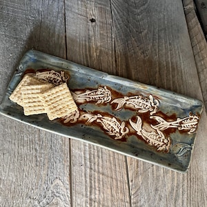 Ocean Blue Platter with Raised Koi Fish Impressions Handmade Sushi Serving Dish Long Platter Perfect for Chips or Cheese Platter Plate