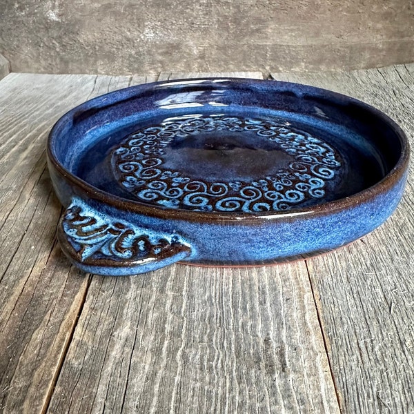 Rustic Terra Cotta Ceramic Brie Baker Handmade Wheel Thrown Small Baking Casserole Dish Blue Glaze with Handles Glaze Maple Leaf Ceramics