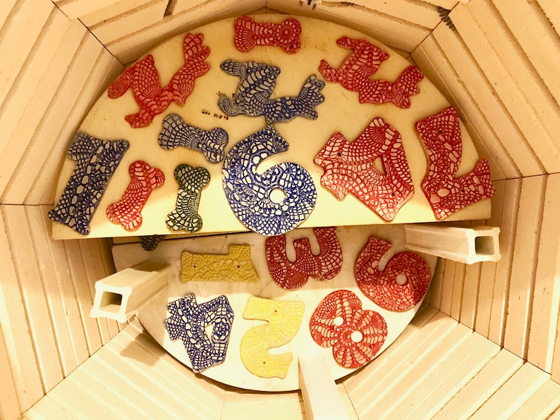 Handmade Ceramic House Address Numbers Two Doily Impression Stoneware Tiles with Nail Holes in Various Glaze Colors Maple Leaf Ceramics