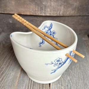 Handmade Ceramic Wheel Thrown Ramen Noodle Rice Bowl Porcelain Stoneware  Blue Japanese Cherry Blossoms Choice of Two Chopsticks Included