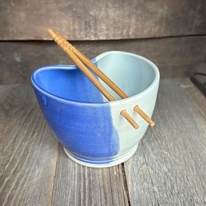 Unique Rustic Handmade Ceramic Wheel Thrown Ramen Noodle Rice Bowl Stoneware with Turquoise and Blue Speckled Glaze with Chopsticks Included