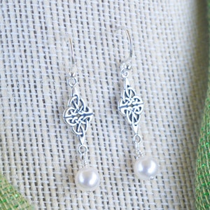 Waterford Double Trinity Knot and White European Crystal Pearl Sterling Silver Earrings