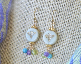 Tell the Bees that I am Home Ivory Czech Glass and Faceted Gemstone Earrings