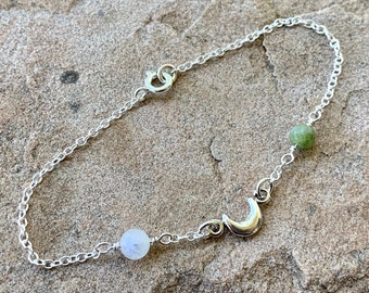 Moonlight over Hill of Tara Sterling Silver Bracelet with Rainbow Moonstone and Connemara Marble