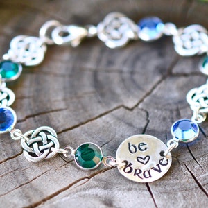 Custom Birthstone Irish Bracelet with Open Celtic Knots, European Crystal, Sterling Silver 'Be Brave' Charm and clasp/Mother's Day